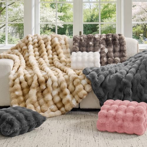 Image of BEDELITE Faux Fur Throw Bubble Blanket for Couch, 50 inch x 60 inch, Dark Grey | 870GSM Soft Cozy Plush Blanket for Sofa & Bed Living Room Decor, Warm Fuzzy Faux Rabbit Fur for Women Gift, All Season Use