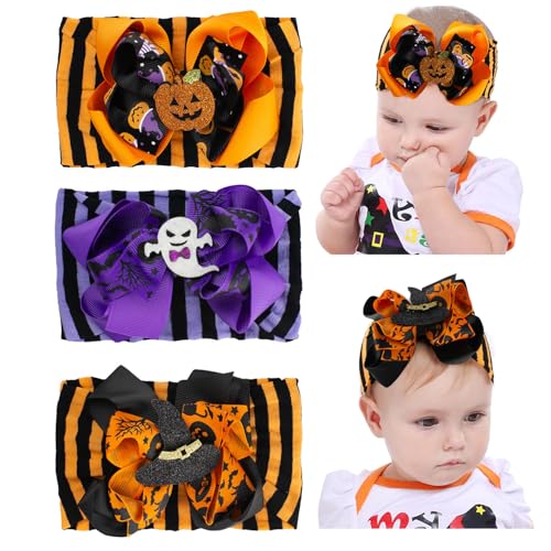 Baby Girls Halloween Hair Bow Nylon Headwrap 3PCS, Soft Turban Hair Bands, Masquerade Party Festival Hair Accessories for Newborn Infant Toddler