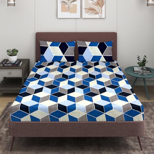 Image of ROMEE Elegant 3D Print Printed Microfiber Double Bedsheet, 144 TC Soft Feel, Queen Size (88 x 95 Inches), with 2 Pillow Covers, Blue