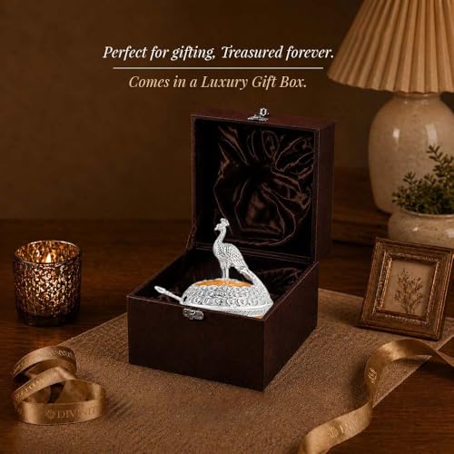 Image of DIVINITI Luxury German Silver Peacock Decorative Bowl with Spoon & Gift Box | Royal Decorative Serving Bowl for Dry Fruits, Mishri & Table Decor | Premium Wedding & Festive Gift (16 cm) (Peach)