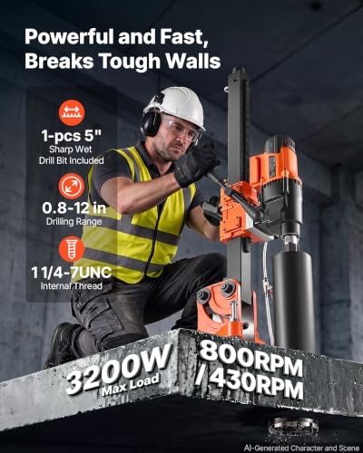 Image of VEVOR Diamond Core Drilling Machine Dry and Wet 0.8 inch-12 inch Drilling Capacity | 5-inch Wet Drill Bit, Tiltable Stand & Wheeled Base, 3200W 2-Speed 800RPM /430RPM, UNC1 1 /4-7 Thread for Concrete Brick Stone