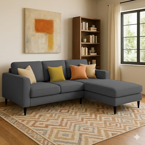 Image of Casaliving Grayon 3 Seater Convertible Sofa Set for Living Room, 3 Seater & Ottoman Modular Sectional Couch for Small Space (Black Colour) Fabric Sofa Set for Living Room