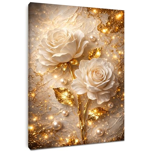 Alptiny Elegante lienzo de 30 x 40 cm con marco – murales de salón con rosas doradas, moderno póster y decoración de pared para sala de estar, impresión en lienzo HD, con gancho y , sin taladrar