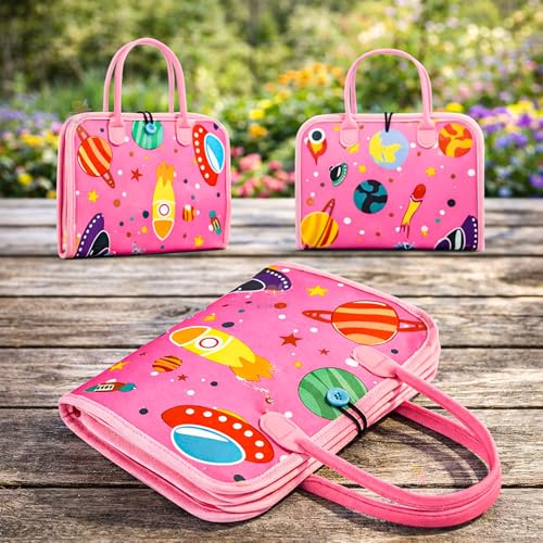 Image of Wishkey Busy Board Activity Binder for Toddlers 1-4 Years Montessori Sensory Busy Book with 19 Motor Skill Activities Soft Felt Educational Learning Toy Travel Toy & Birthday Gift for Kids Pink