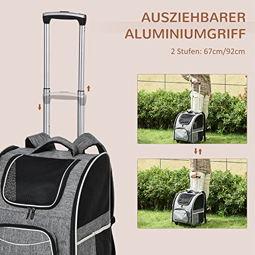 PawHut Hundetrolley mit Rollen Katzenrucksack mit Teleskopgriff Transportbox Transporttasche für Auto Hunderucksack Katzentasche Haustier Rucksack Hundebox für kleine Katzen Hunde bis 4 kg Grau
