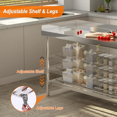 Image of Garvee 48x24 NSF Stainless Steel Prep Table - Commercial Backsplash | Adjustable Height & Undershelf, Easy to Assemble, Commercial Prep Table for Restaurant, Kitchen, Hotel, Garage