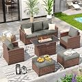 VONZOY 6 Pieces Patio Furniture Set with 44" Gas Fire Pit Table, Outdoor Sectional Conversation Sets, All-Weather Wicker Rattan Sofa w/Gas Fire Pit, Ottoman, Thick Cushion Dark Grey
