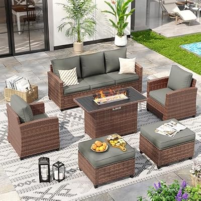 VONZOY 6 Pieces Patio Furniture Set with 44" Gas Fire Pit Table, Outdoor Sectional Conversation Sets, All-Weather Wicker Rattan Sofa w/Gas Fire Pit, Ottoman, Thick Cushion Dark Grey
