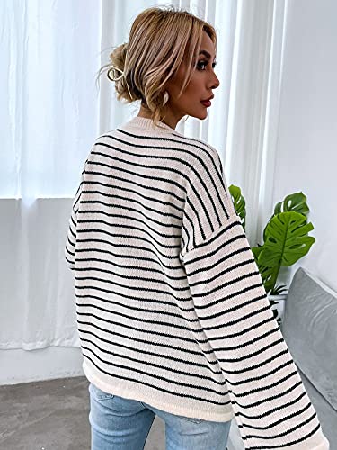 SHENHE Women's Striped Long Sleeve Button Up Ribbed Knit Oversized Sweater Tops2