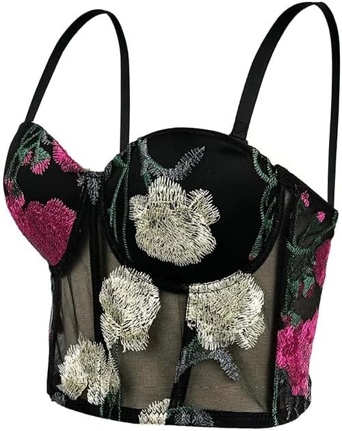 JSEIAJB Rose Embroidered Mesh Bra Outer Wear with Lace Bra, Sexy Inner Vest with Coasters and Suspenders for Women