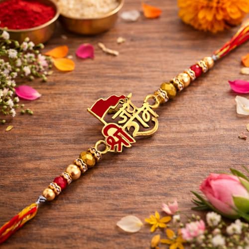 Image of Riddhika Ventures Glorious Gold Plated Auspicious Diamond Ring Rakhi with Roli Chawal and Greeting Card