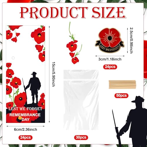 Image of 24 Sets Remember Memorial Day Gifts-24 Red Black Poppy Brooch Pins Lest We Forget Enamel Lapel Pin Veterans Day Memorial Day Lapel Pin Souvenir Brooch Badge, 24 Poppy Ballpoint Pens and Cards