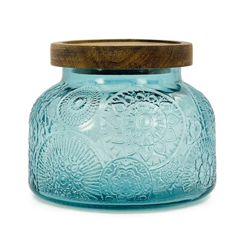 Tarro decorativo de vidrio azul con tapa de madera hermética, 26.4 onzas, recipiente de almacenamiento de alimentos de cocina vintage de boca ancha para galletas, caramelos, miel, harina, especias