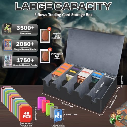 Image of AOBOPLE Trading Card Storage Box,3500+ Card Box Storage with 48 Dividers and 10 Card Supporters PU Leather Magnetic Cards Deck Case for MTG,TCG,Magic and Sport Cards (Black Grey)