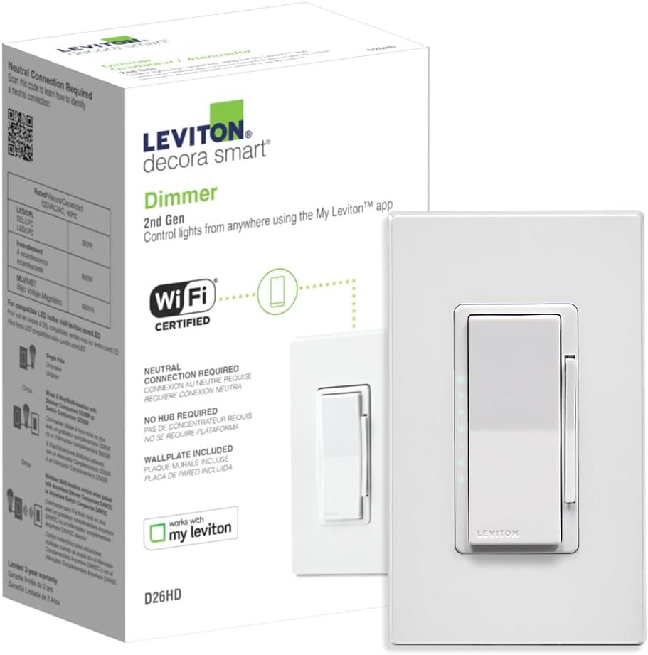 Decora Smart Dimmer Switch, Wi-Fi 2nd Gen, Neutral Wire Required, Works with Matter, My Leviton, Alexa, Google Assistant, Apple Home/Siri & Wired or Wire-Free 3-Way, D26HD-2RW, White