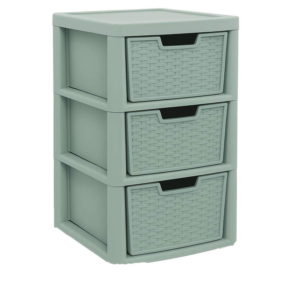 KYY'Z - Large Plastic Rattan Storage Drawers Unit with Deep Pull-Out Baskets - Durable Multipurpose Cabinet Organizer for Home Office, Bedroom, Bathroom, Garage, Utility Room (Sage Green, 3 Tier)