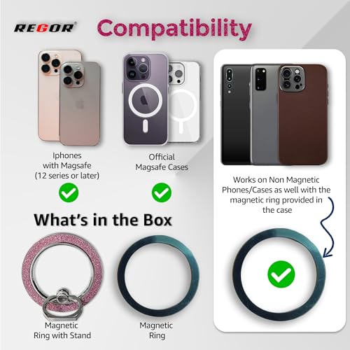 Image of Regor Pink Glitter Magnetic Holder & Stand | Magnet Ring | Foldable Mobile Phone Stand | Glitter Ring Holder | Metal Grip for Selfie & Hands-Free Use