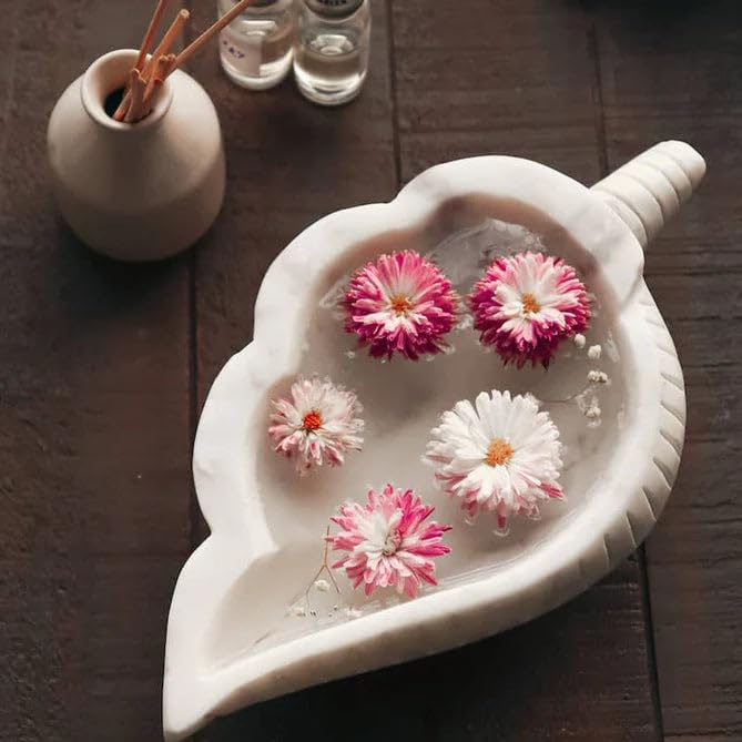 LE HOME DECOR Marble Shell Bowl, Handcrafted Marble Decorative Leaf Shaped Bowl, Decorative Flower Display Dish, Antique Trinket Dish