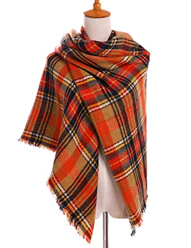 Bess Bridal Women's Plaid Blanket Winter Scarf Warm Cozy Tartan Wrap Oversized Shawl Cape (One Size, Orange) - Thumbnail 5