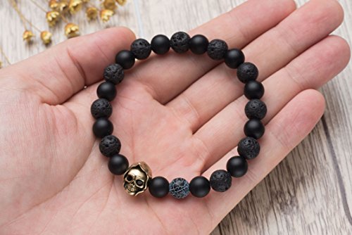 Karseer Death Skull Charm with Black Matte Onyx and Lava Stone 8mm Beads Stretch Bracelet, Lava Rock Aromatherapy Essential Oil Diffuser Bracelet for Stress Relief4