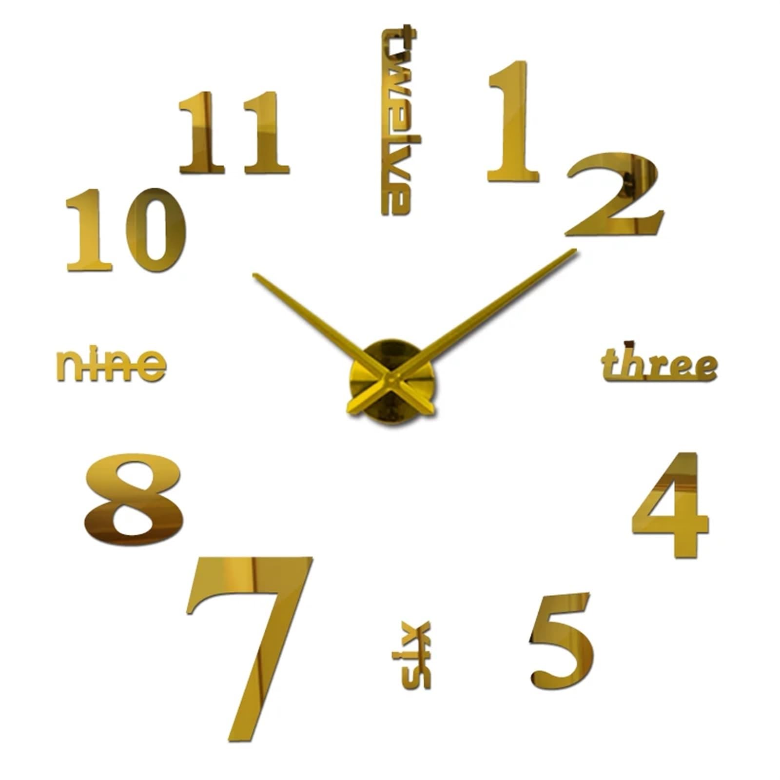 VFDVSWZSA Stylish wall clock, Mirror Wall Clock 3d Big Quartz Watch Clocks Living Room Home Decoration Stickers(Gold,37inch)
