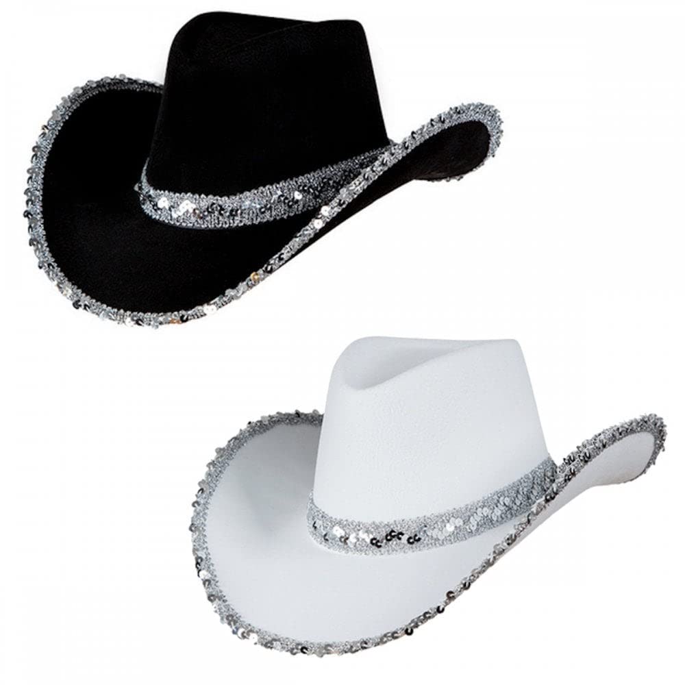A2ZFD Pack of 2 x Texan Cowboy Hats (1 x White Sequin + 1 x Black Sequin) : Wild West Ladies Womens Cowgirl Hen Night Fancy Dress Accessory