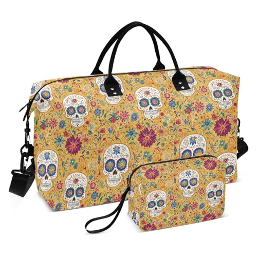 Duffel Bag Set for Travel Gym Sport, Weekender Bag Carry on Overnight Bags for Women Men-Abstract Skull Floral Print