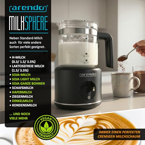 Arendo – Milchaufschäumer elektrisch – 500 ml – 6 Automatikprogramme – Milchschaum für heiß und kalt – 2 Einsätze – Milchschäumer für Cappuccino Latte Macchiato heiße Schokolade – Bild 5
