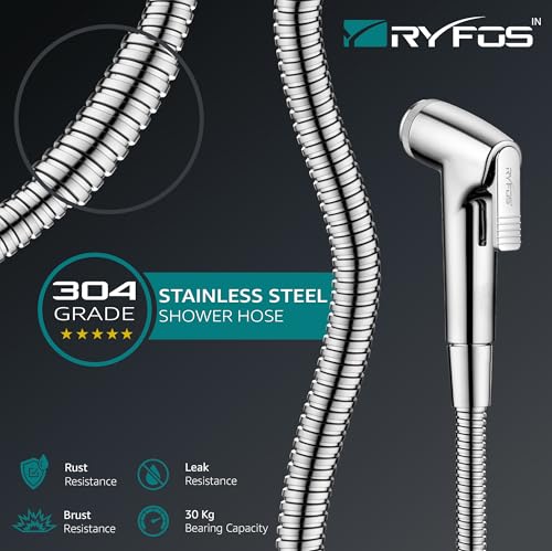 Image of India's 1st Lifetime Support Brand, R1010HF, ABS, Health Faucet | Jet Spray Gun for Toilet with SS-304 Grade 1-1.25 Mtr Grade Flexible Hose Pipe & Wall Hook | Chrome Finish