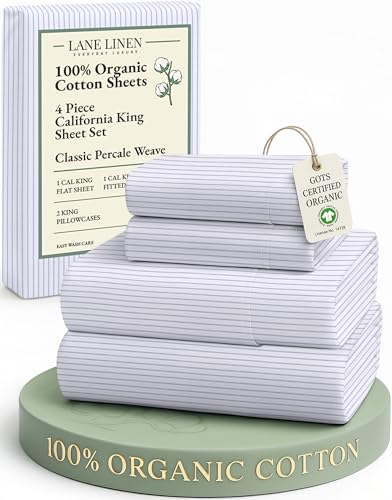 Image of LANE LINEN 100% Organic Cotton Printed California King Sheets Set, 4-Piece All Season Fully Elasticized Deep Pocket Fits Mattress Upto 15 inch, Mercerized Printed Cal King Sheet Set -Ticking Stripe Blue