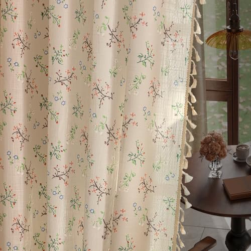 ENJOYBRIDAL Floral Living Room Curtains 84 Inches Long Doorway Vintage Semi Sheer Drapes Farmhouse Nursery Bohemian Window Curtain Panels with Tassel Beige Rod Pocket Bedroom Drapes, 1 Panel