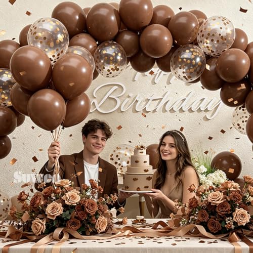 Image of SUWEN 47PCS Brown Latex and Confetti Dark Coffee Brown Balloons Set