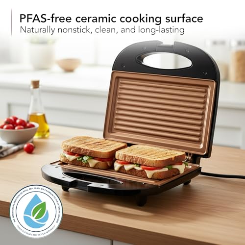 OVENTE Electric Panini Press Grill with Nonstick Plates, LED Indicator Lights, Thermostat Control, Compact Sandwich Maker Perfect for Cooking Breakfast, Steaks, Eggs Snacks & More, Copper GP0110CO