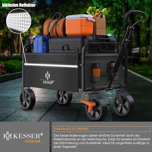 KESSER® Bollerwagen faltbar Handwagen Transportkarre max. 150kg Tragkraft & 360° PVC-Reifen Gerätewagen inkl. 2 Netztaschen, Seitentasche & Abdeckung Transportwagen Gartenanhänger ohne Dach, Schwarz