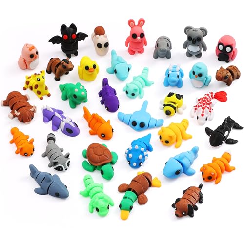 MONJITA 35 pcs Mini 3D Printed Animal Figurines, Flexible Articulated Fidget Wigglitz Toys, Cute...