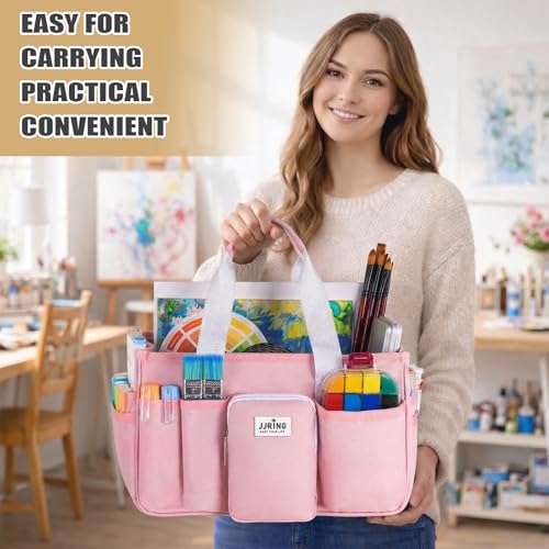 Image of JJRING Craft Organizer Tote Bag, Portable Art Caddy with Adjustable Divider&Secure Zipper Pocket, Large Foldable Storage Tote for Scrapbooking, Sewing, Artist and Home(Pink)