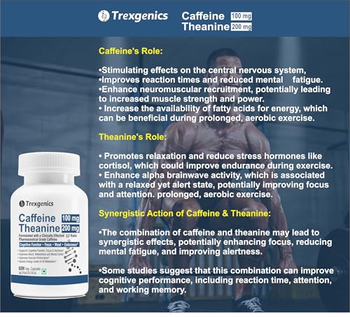 Image of Trexgenics L-THEANINE 200 mg, CAFFEINE 100 mg Cognitive Function, Refresh, Focus, Mood, Endurance Support (Theanine 200mg + Caffeine 100mg (60 Veg Caps))