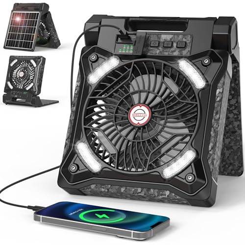 MORECORE Ventilador solar de camping de 10000 mAh, 4 velocidades de ventilador y 3 niveles de luz, temporizador y ajustable a 90°, ventilador de escritorio portátil silencioso para senderismo,