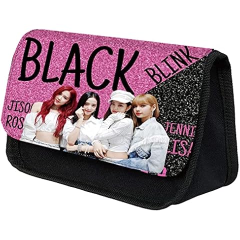 Ropniik Kpop Black-Pink Pencil Case Pouch, Black-Pink Design Zipped Pencil Case, Rectangular,Large Capacity Pencil Storage Case for Black-Pink Fans Gifts Cover