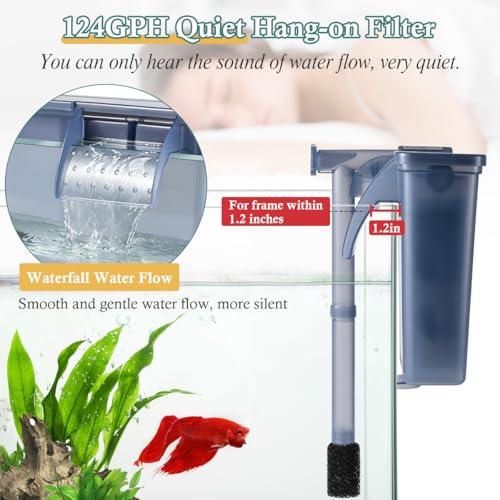 Image of 5W Hang-on Aquarium Filter, 124GPH Quiet Fish Tank Filter with Filter Sponge and Activated Carbon, Adjustable Waterfall Filter for 10-25 Gallon Fish Tank