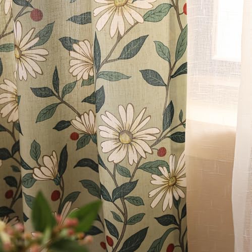 Image of ISAENNE Designer French Green Linen Printed Curtain,2 Panels,79 inchx53 inch-Brune | Vintage Curtains with Grommet 79 inches long,Floral Pattern Home Decor Draps,kitchen Bedroom Living Room Window Blackout