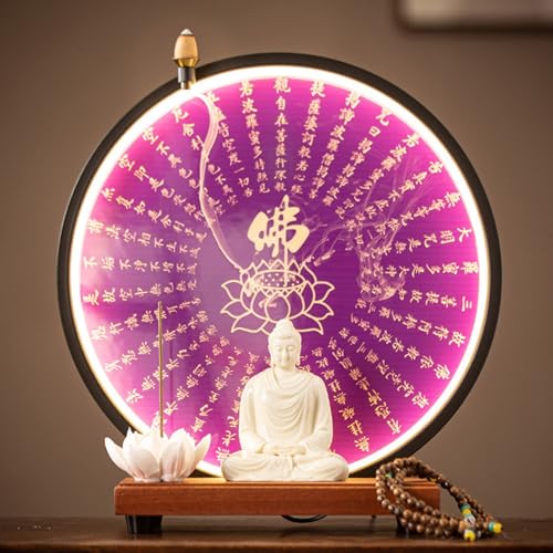 神聖な照明の祭壇テーブルセット - LED仏壇棚スタンド 陶器製仏像付き 祈りと瞑想、スピリチュアルな家庭寺院の装飾に(J)