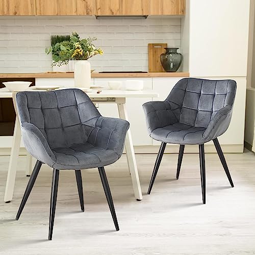 Gurlleu Velvet Accent Chairs Set Of 2 Mid-Back Dining Chair With Arms, Modern Leisure Armchair Upholstered Single Sofa Chair With Black Paint Legs For Living Room Home,Gray #TOP1