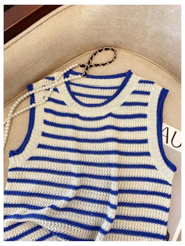 GORGLITTER Women's Crochet Striped Tank Tops Sleeveless Round Neck Trendy Cute Summer Lightweight Sweater Vest Top3