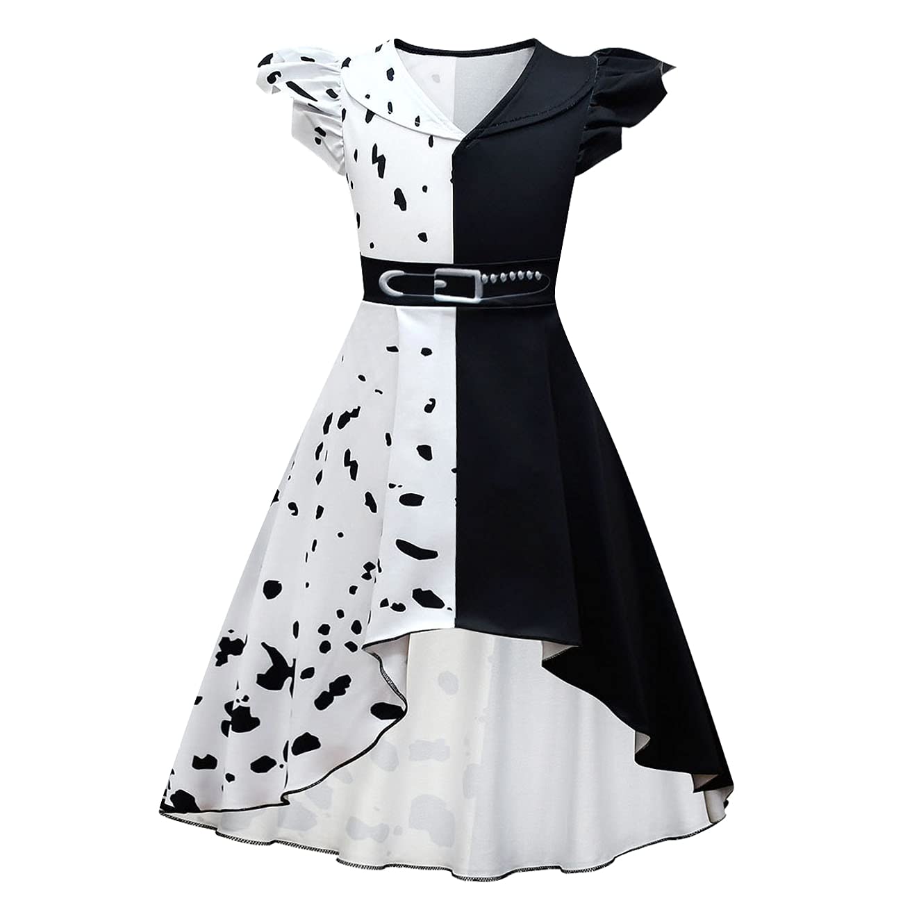 Lito Angels Cruella Dalmatian Black and White Spots Halloween Costume Fancy High Low Dress for Kids Girls Age 10-11 Years
