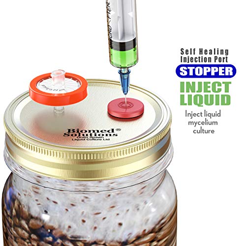 6Pcs Wide Mouth Liquid Culture Lid,Split-type Grain Spawn Cultivation Mason Jar Lid with 0.22um PTFE Syringe Filter & 20mm Self Healing Injection Ports For Mushroom Growing Mycology(Golden)…