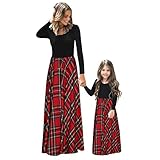 PopReal Mommy and Me Maxi Dresses Casual Floral Printed Plaid Long Sleeve with Pockets