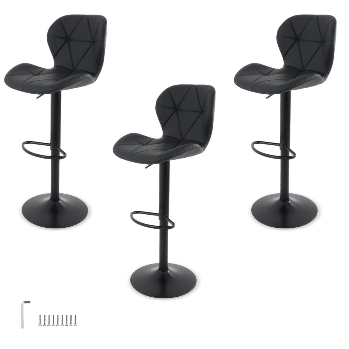 Sillas de Bar y Barra de Cocina de Acabado Moderno con Respaldo y Reposapies de Altura Ajustable - Bancos Giratorios para Bar con Asiento Acolchado Diseño Elegante Set 3 Piezas Negro + Kit de Armado