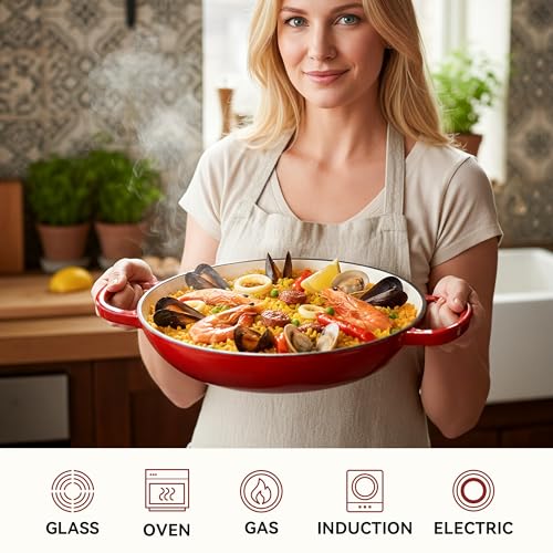 3 Quart Enameled Cast Iron Braiser, Non Stick Enameled Cast Iron Skillet with Lid, Dutch Oven Skillet with lid up to 500°F for Oven, Stove, Grill, Shallow Dutch Oven for Cook, Bake (Red)3