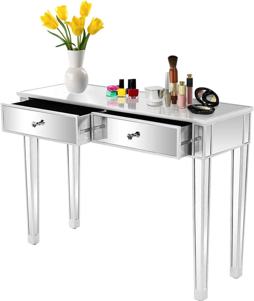 Mirrored Console Table, Beautiful Mirrored Desk, Vanity Dressing Table Makeup Desk for Girl/Women with 2 Drawers, Silver Console Table at Hallway or Bedroom, 41''L x 14''W x 30''H